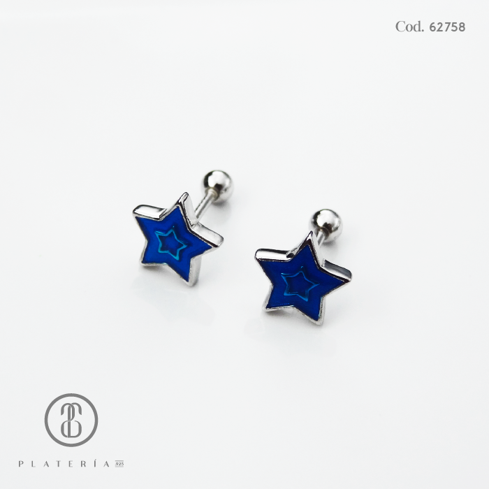 ARETE RODINADO CIERRE BOLITA ESTRELLA AZUL PLATA.925