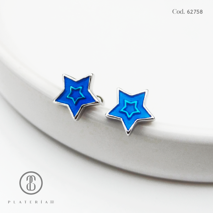 ARETE RODINADO CIERRE BOLITA ESTRELLA AZUL PLATA.925