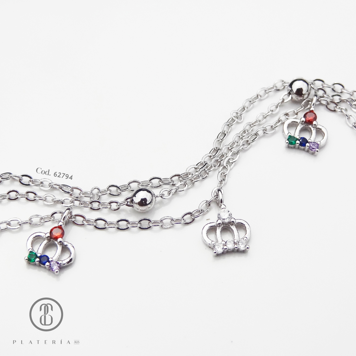 TOBILLERA RODINADO CORONA MULTICOLOR PLATA.925