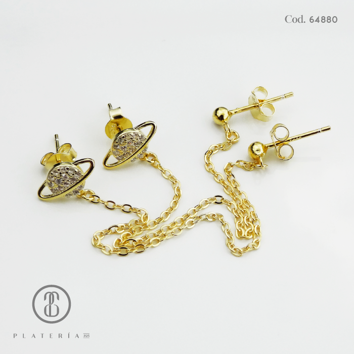 CHAIN EARRING DORADO PLANETA PLATA.925
