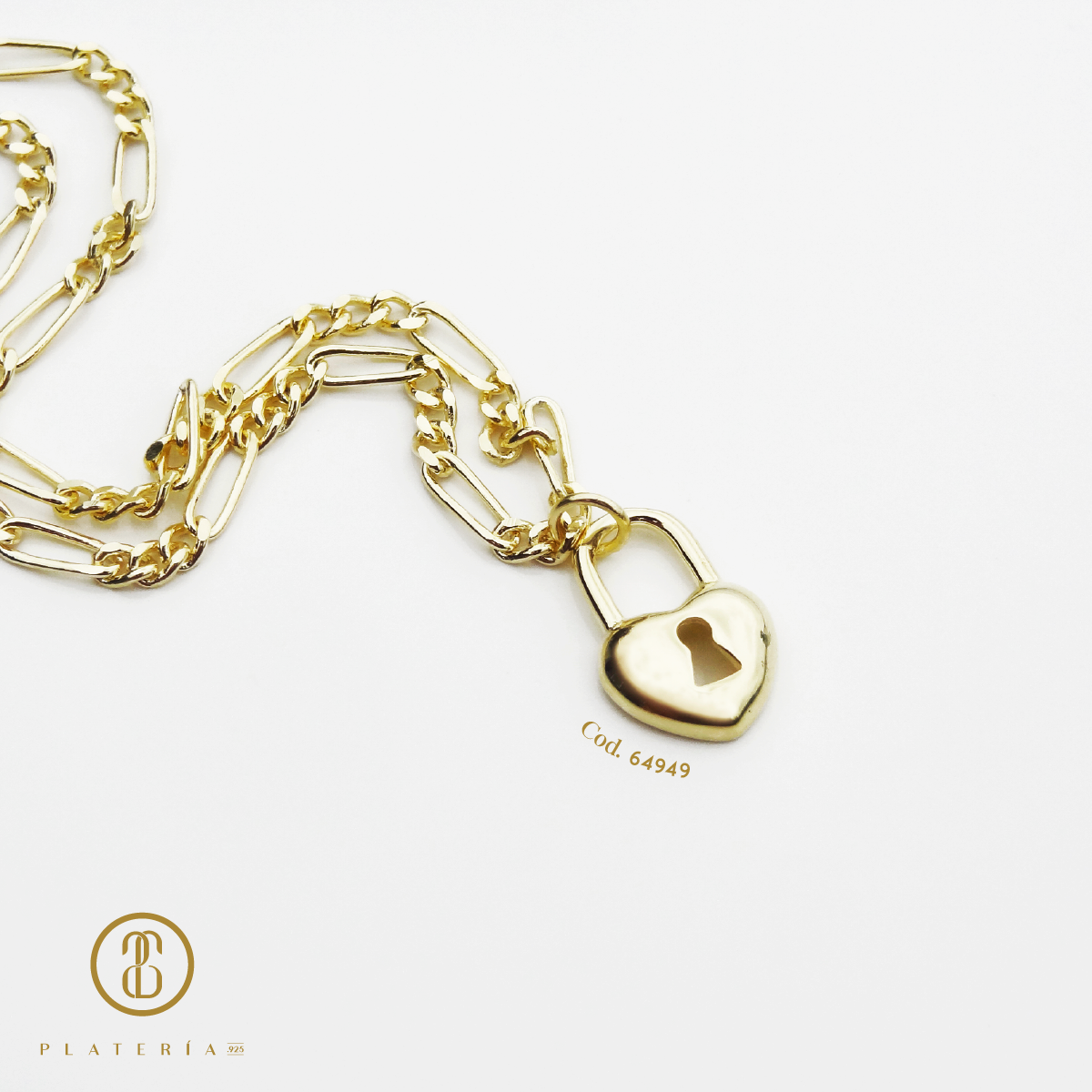 CADENA FIGARO DORADA CON DIJE CANDADO 45CM PLATA.925