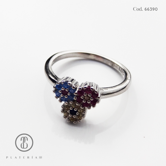 ANILLO RODINADO FLORES DE COLORES PLATA.925