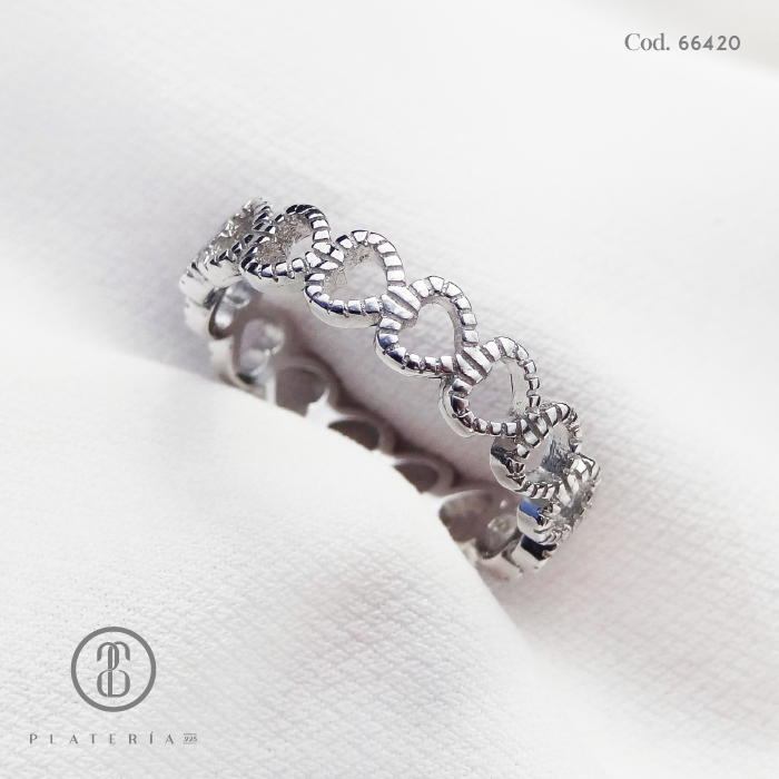 ANILLO RODINADO CINTILLO CORAZONES PLATA.925