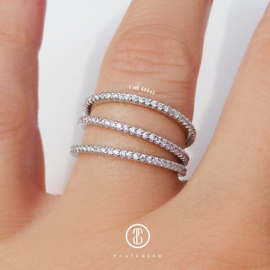 ANILLO RODINADO 3 CINTILLOS ZIRCON PLATA.925