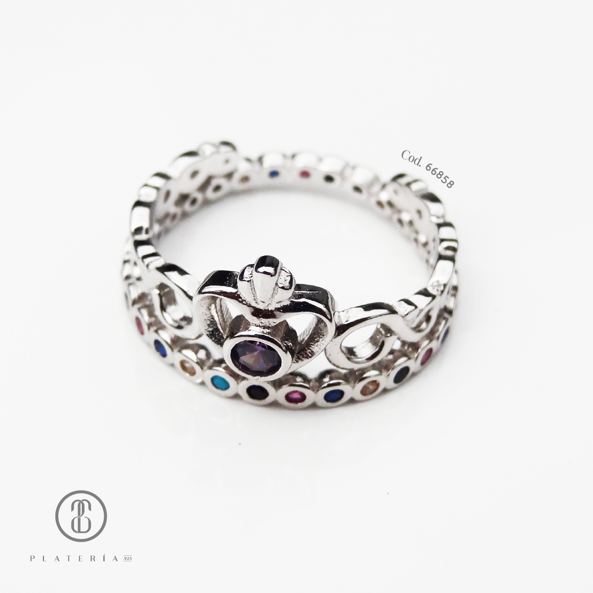 ANILLO RODINADO CORONA COLORES PLATA.925