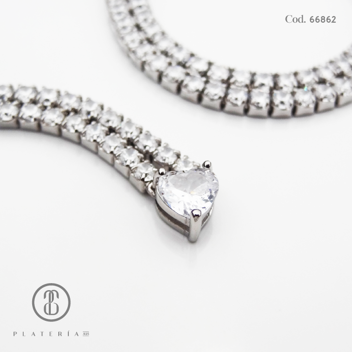 GARGANTILLA TENNIS CORAZÓN RODINADA ZIRCONES PLATA.925
