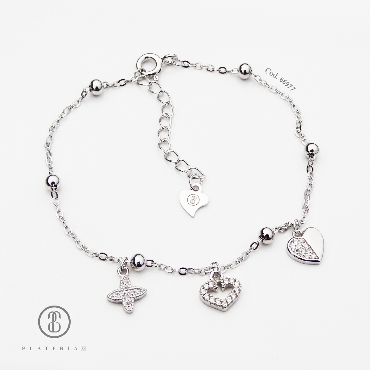 PULSERA RODINADA CORAZONES PLATA.925