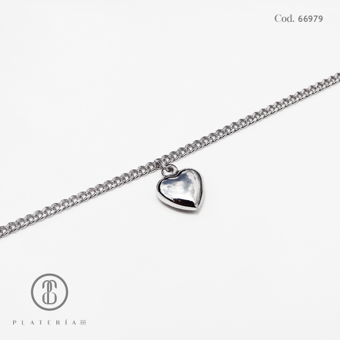 PULSERA RODINADA DIJE CORAZON LISO PLATA.925