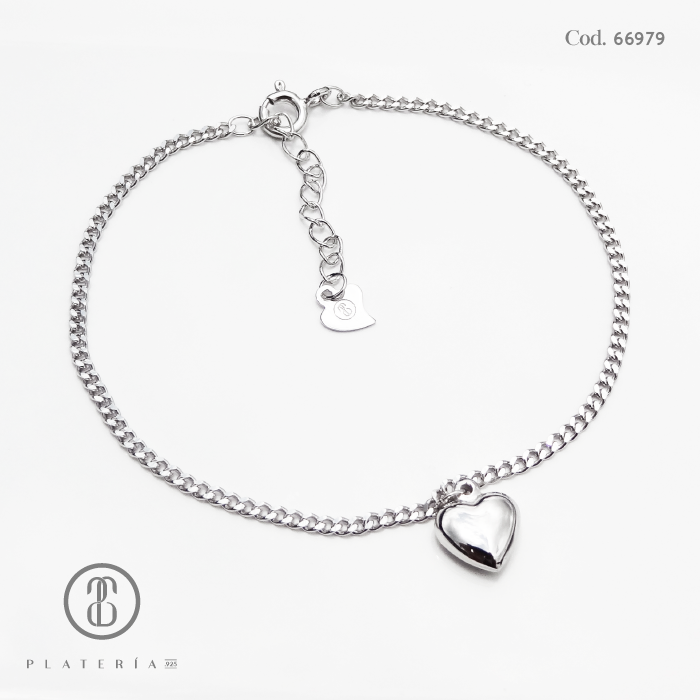 PULSERA RODINADA DIJE CORAZON LISO PLATA.925