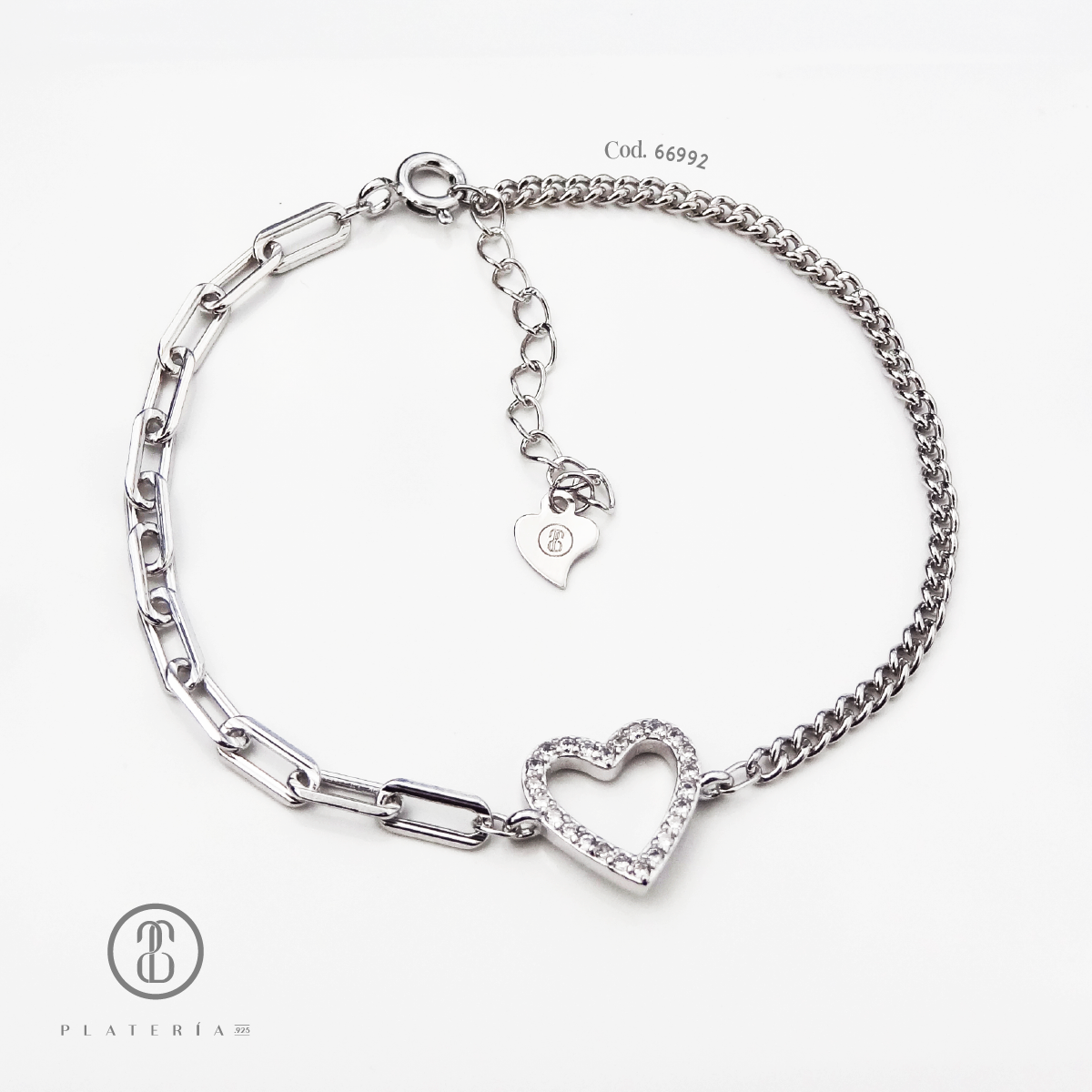 PULSERA RODINADA CORAZON PLATA.925