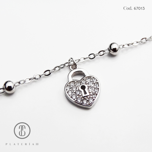 TOBILLERA RODINADA CANDADO CORAZON 22CM PLATA.925