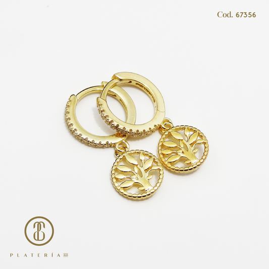 HOOP DORADO BAÑO 14K DIJE ARBOL DE VIDA PLATA.925