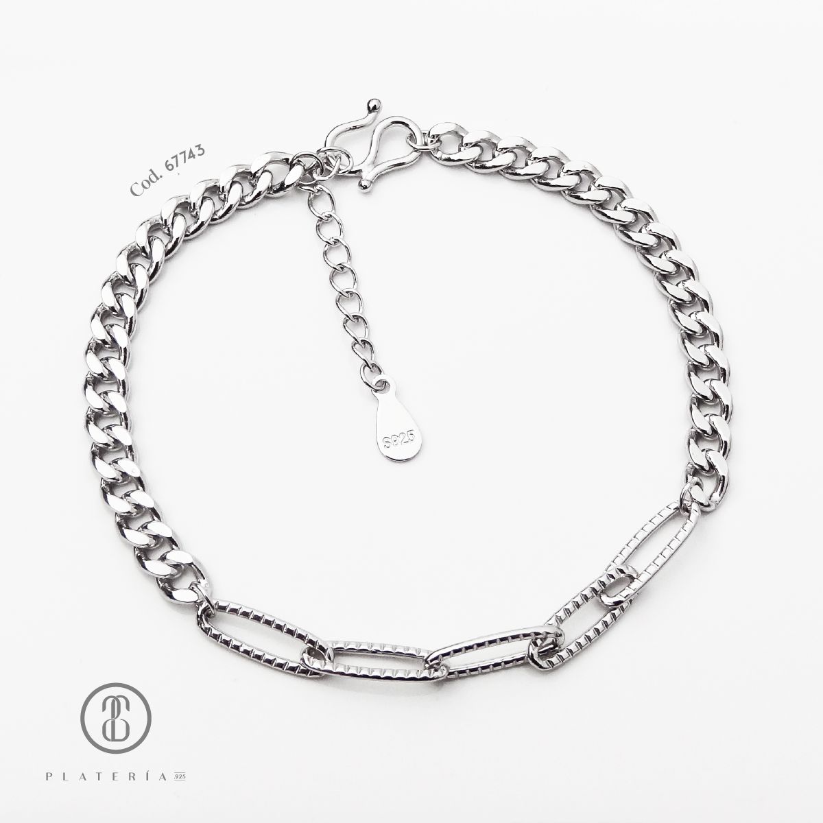 PULSERA RODINADA ESLABONES TIPO MARTILLADA PLATA.925