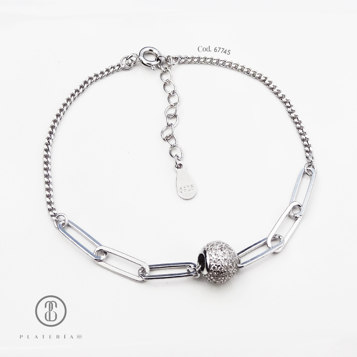 PULSERA RODINADA BOLITA PAVE PLATA.925