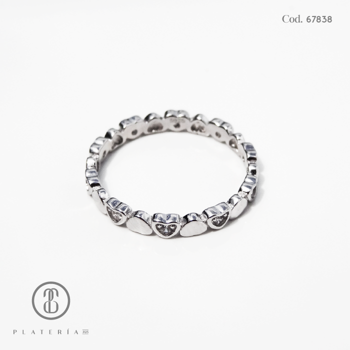 ANILLO RODINADO CINTILLO CORAZONES PLATA.925