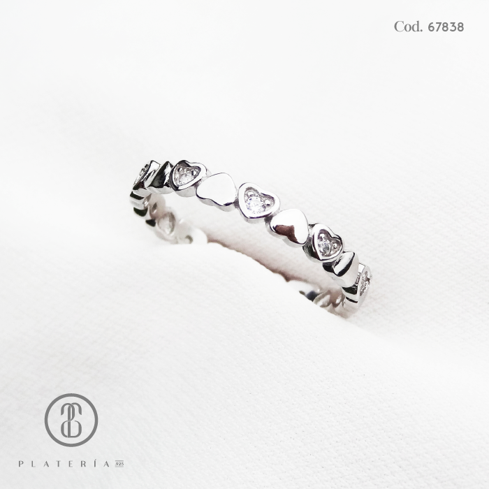ANILLO RODINADO CINTILLO CORAZONES PLATA.925
