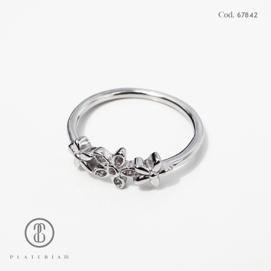 ANILLO RODINADO FLORES PLATA.925