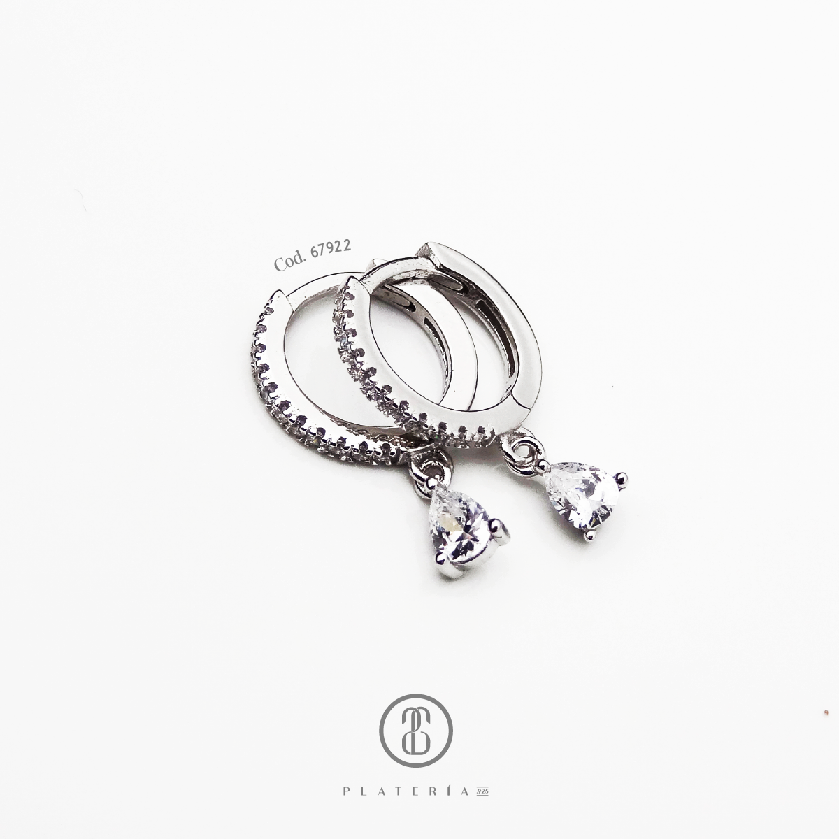 HUGGIE RODINADO CON DIJE GOTA ZIRCON PLATA.925