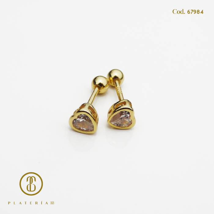 ARETE DORADO BAÑO 14K CORAZON 4MM CIERRE BOLITA PLATA.925