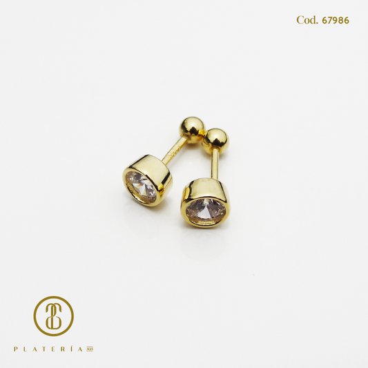ARETE DORADO BAÑO 14K BISELADO 5MM CIERRE BOLITA PLATA.925