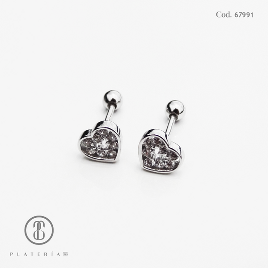 ARETE RODINADO CORAZON CIERRE BOLITA PLATA.925