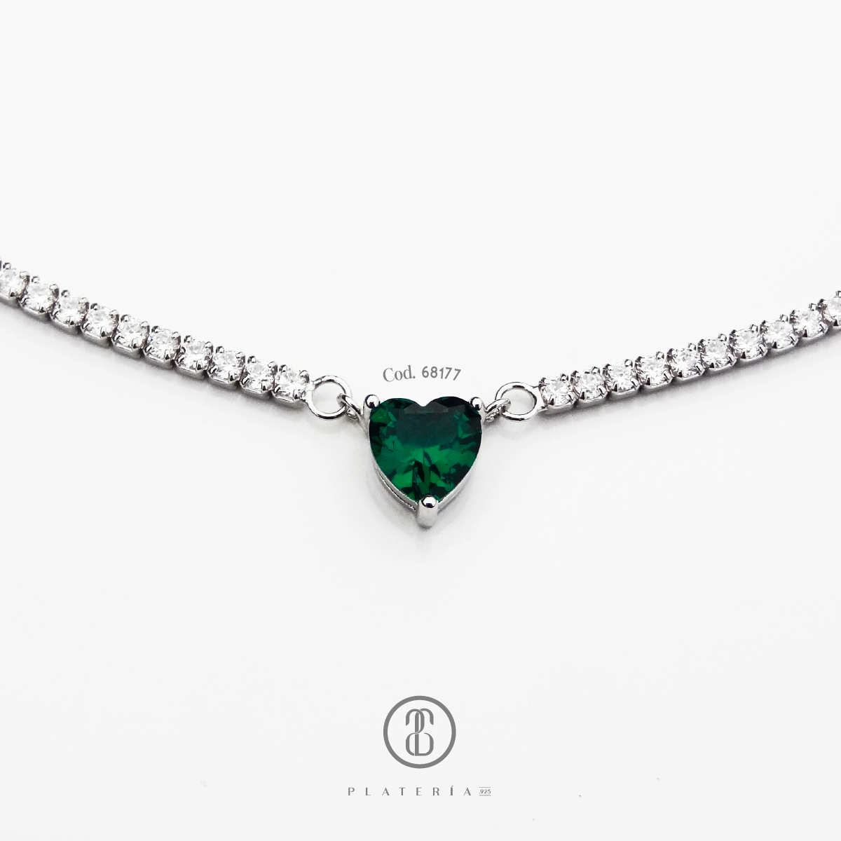 GARGANTILLA RODINADA 45CM ZIRCON CORAZON VERDE PLATA.925