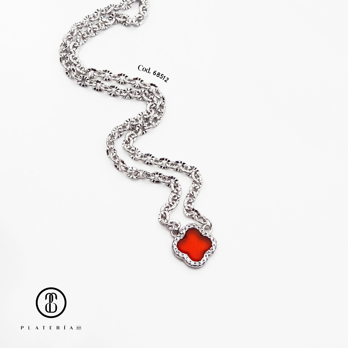 GARGANTILLA RODINADA TREBOL AGATA ROJA DIAMANTADA PLATA.925