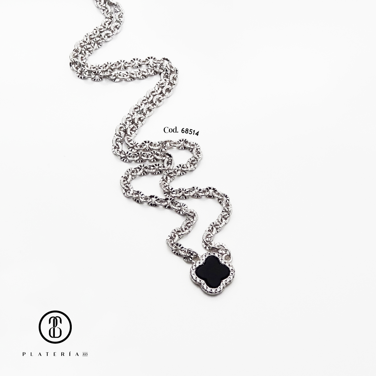 GARGANTILLA RODINADA TREBOL ONIX DIAMANTADA PLATA.925