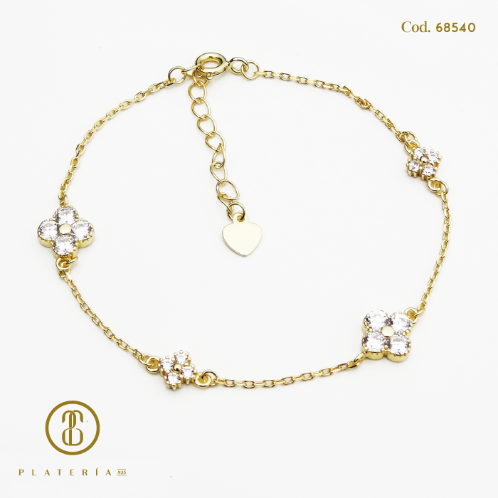PULSERA DORADA BAÑO 14K FLOR ZIRCON PLATA.925