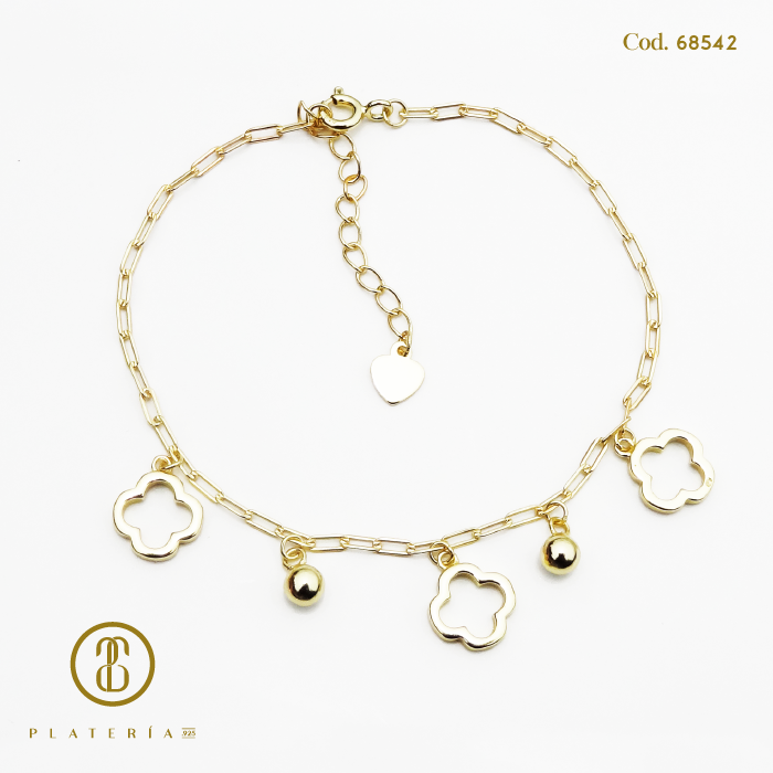 PULSERA DORADA BAÑO 14K TREBOL PLATA.925