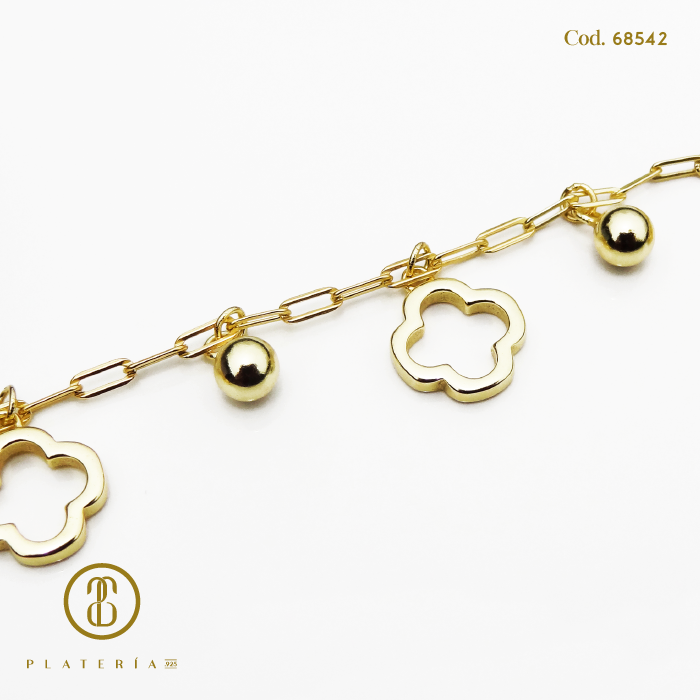 PULSERA DORADA BAÑO 14K TREBOL PLATA.925