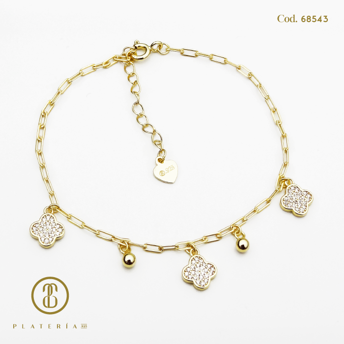 PULSERA DORADA BAÑO 14K TREBOL 17*3CM PLATA.925