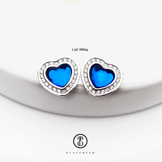 JUEGO RODINADO CORAZON ZIRON AZUL PLATA.925