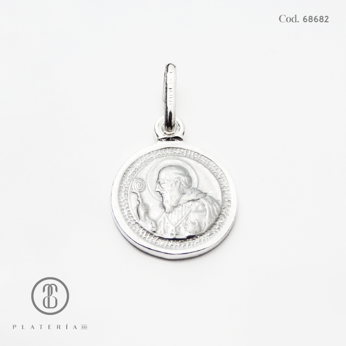 MEDALLA SAN BENITO DIAMANTADA 15MM PLATA.925