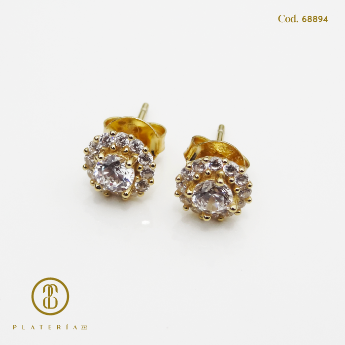 ARETE DORADO BAÑO 14K FLOR ZIRCON PLATA.925