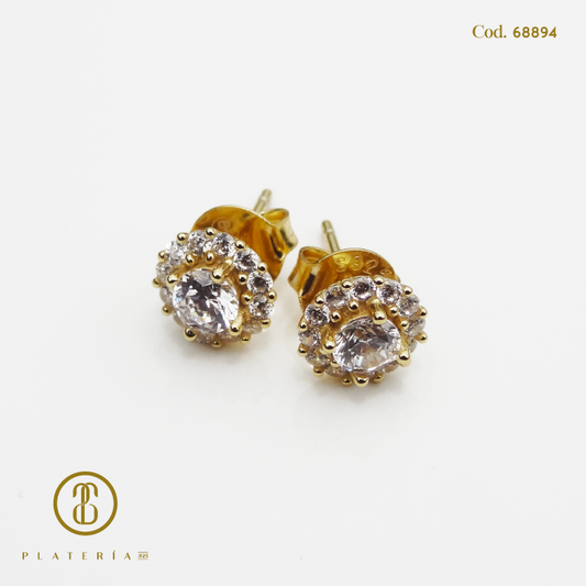 ARETE DORADO BAÑO 14K FLOR ZIRCON PLATA.925