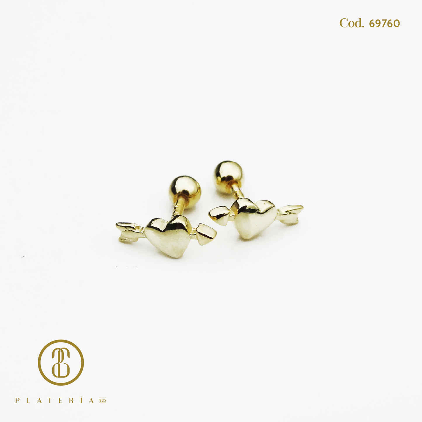 ARETE DORADO BAÑO 14K CIERRE BOLITA CORAZON Y FLECHA PLATA.925
