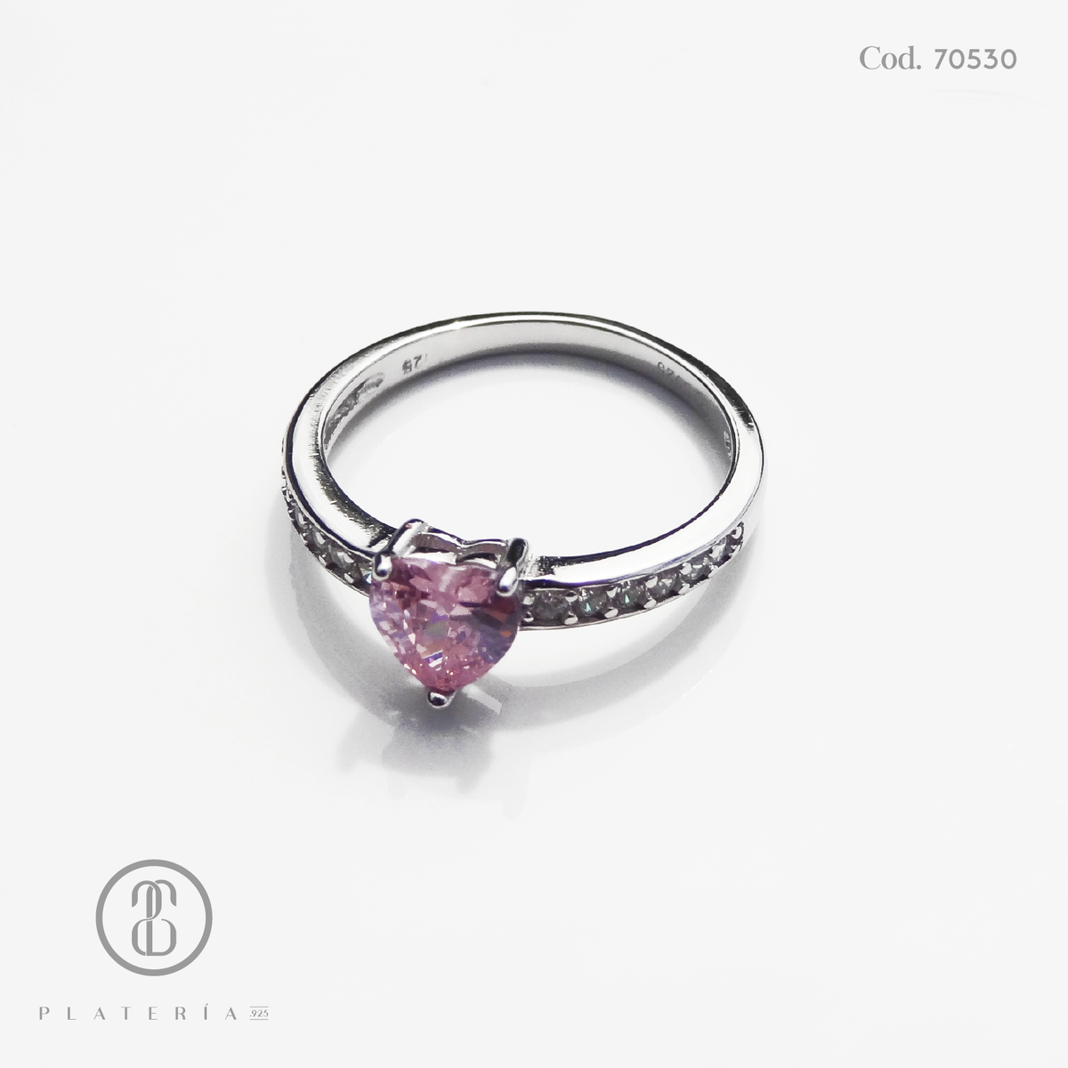 ANILLO RODINADO CORAZON ROSA PROMESA PLATA.925