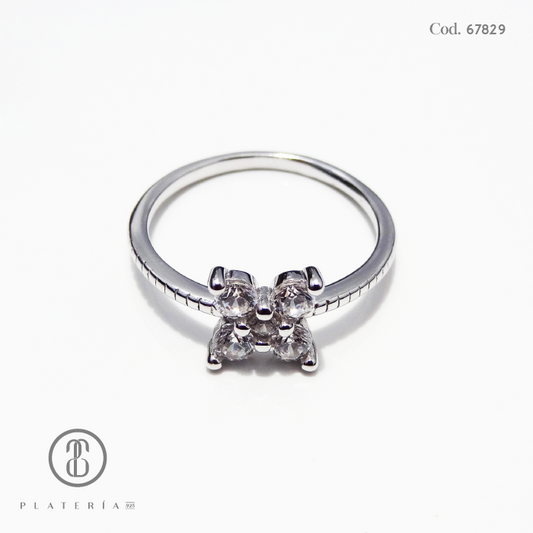 ANILLO RODINADO FLOR ZIRCON PLATA.925