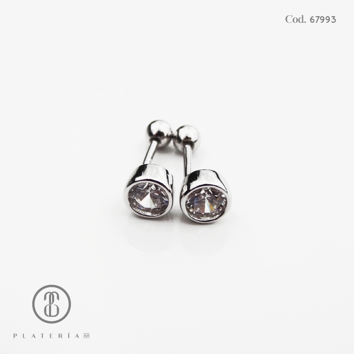 ARETE RODINADO BISELADO 4MM CIERRE BOLITA PLATA.925