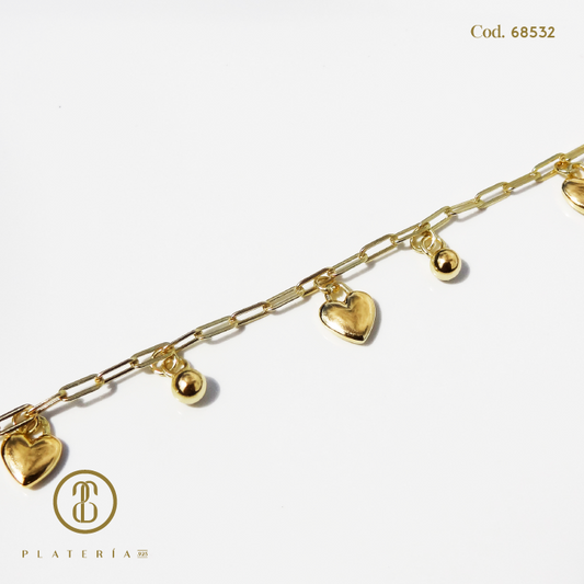 PULSERA DORADA BAÑO 14K CORAZONES LISOS 17*3CM PLATA.925