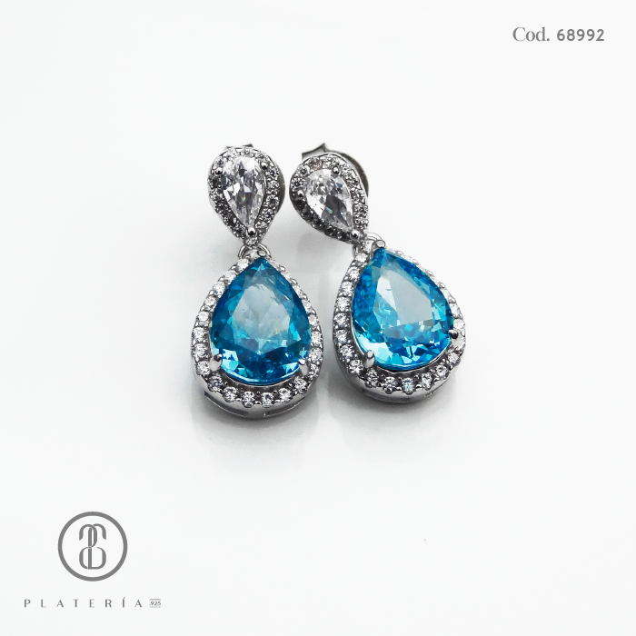 JUEGO RODINADO GOTA ZIRCON CELESTE PLATA.925