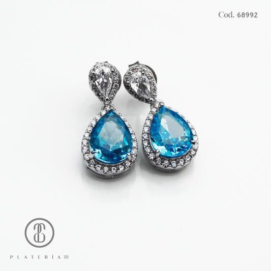 JUEGO RODINADO GOTA ZIRCON CELESTE PLATA.925