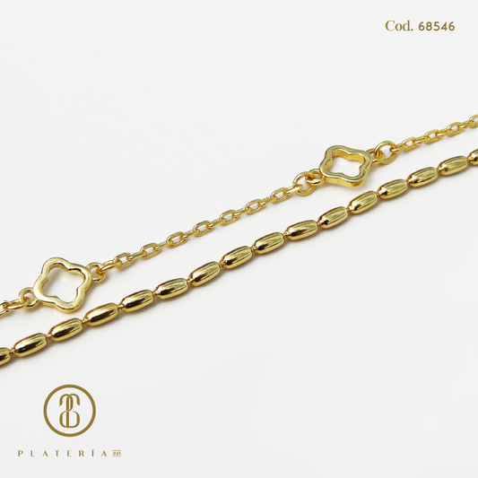 PULSERA DORADA BAÑO 14K TREBOL PLATA.925
