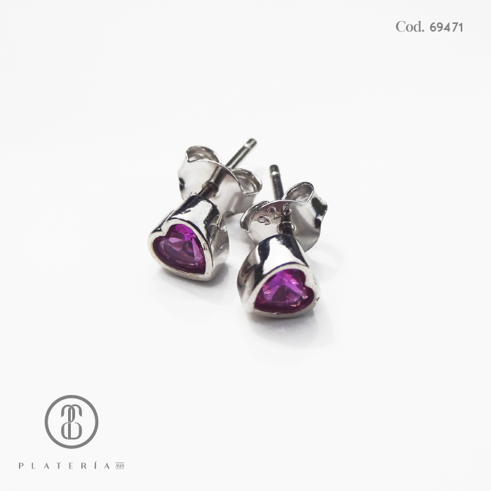 ARETE RODINADO CORAZON 5.5MM FUCSIA PLATA.925