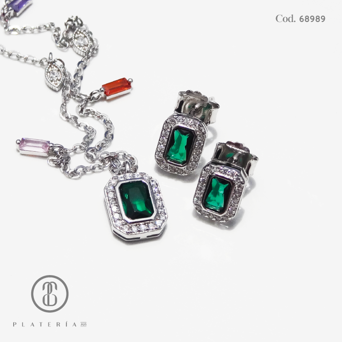 JUEGO RODINADO COLORES Y CUADRITO VERDE ZIRCON PLATA.925