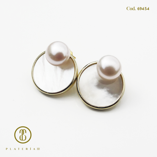 ARETE DORADO BAÑO 14K PERLA CULTIVADA Y NACAR PLATA.925