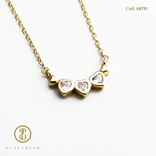 GARGANTILLA DORADA BAÑO 14K CORAZONES PLATA.925