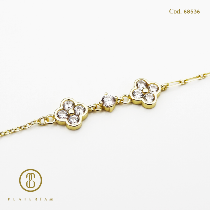 PULSERA DORADA BAÑO 14K TREBOL 17*3CM PLATA.925