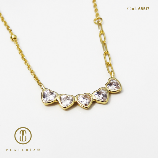 GARGANTILLA CORAZONES DORADA BAÑO 14K PLATA.925